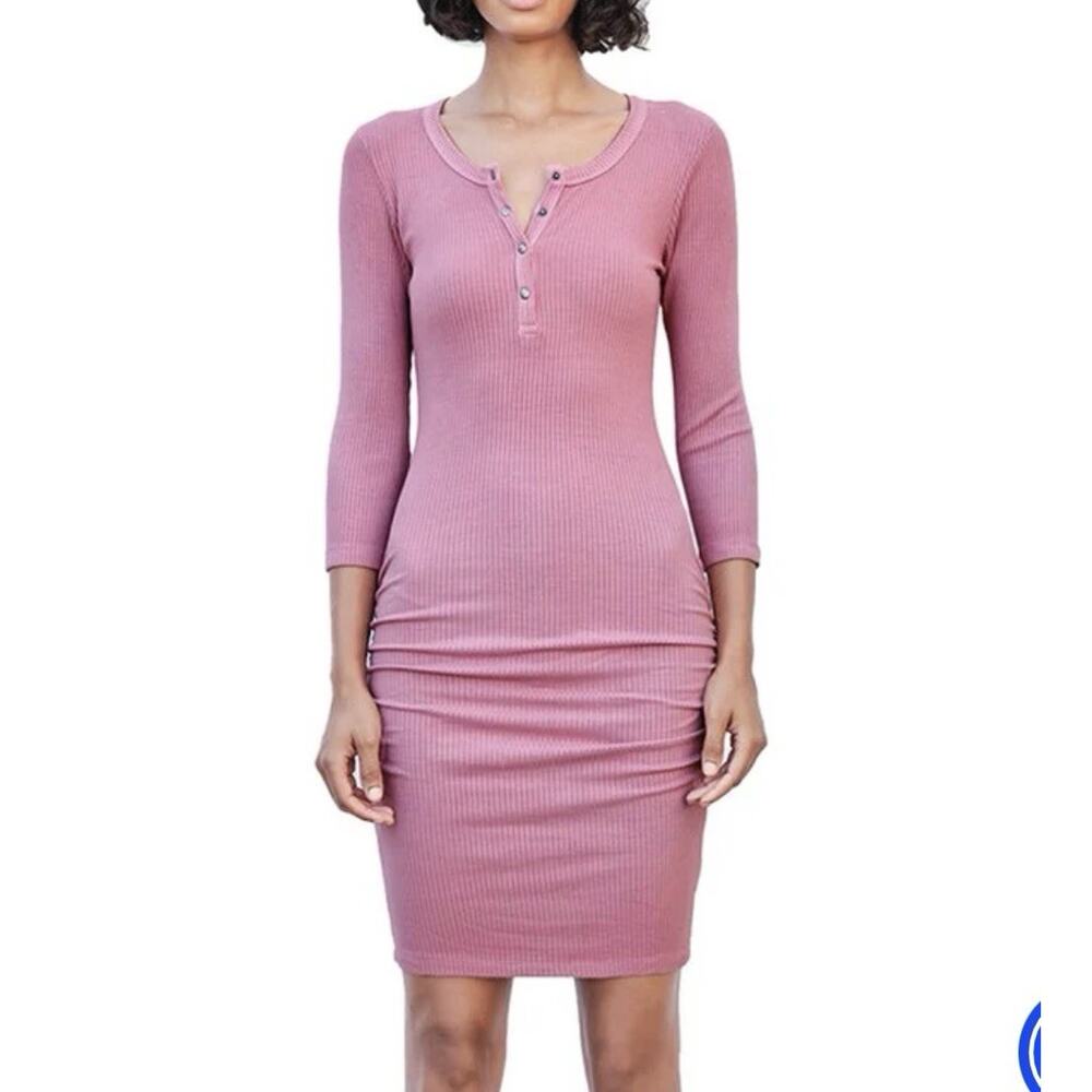 Sundry Henley Ruched Dress Pink 3/4 Sleeves Ribbed Bodycon Size 2/Med Stretchy